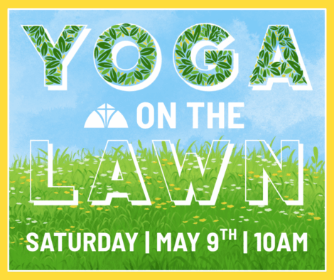 Yoga on the Lawn with grass and blue sky in background